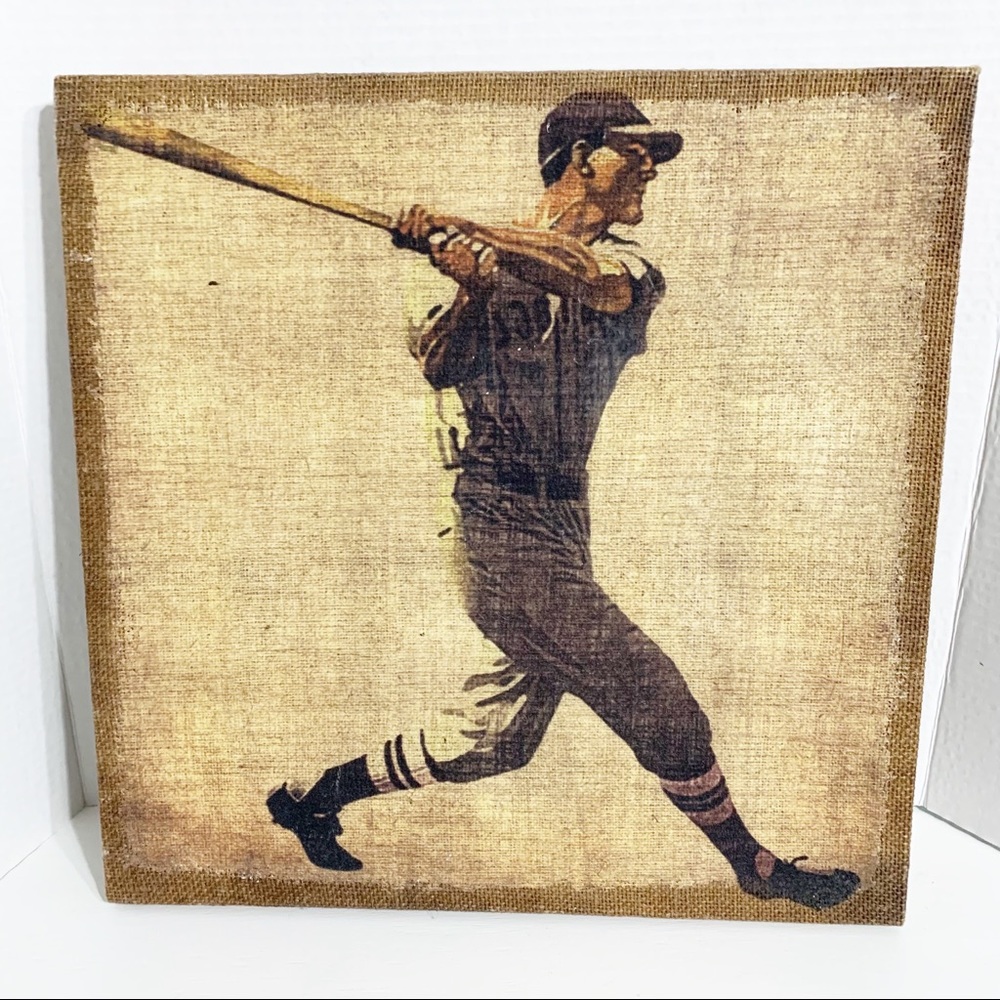 Unbranded Burlap Over Frame Wall Art Baseball Theme Tan Cream Black Rustic Look